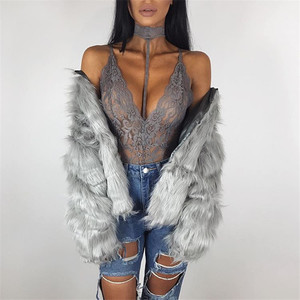 Body de encaje para mujer, color gris, elástico, con cuello en V profundo, estilo choker, ropa de dormir de una pieza para mujer - Product Image 1