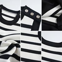 Nouvelle Robe Mini en Tricot Rayée Noire et Blanche, Élastique, Sans Manches, Boutonnée, à Volants, pour Femmes, Robes de Soirée