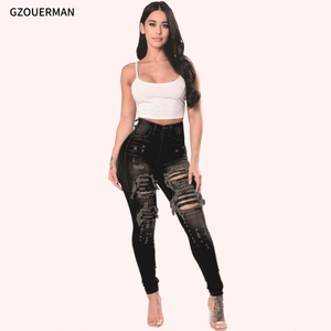 Nuevos Jeans de Mezclilla Rasgados de Moda para <span class=keywords><strong>Mujer</strong></span>, <span class=keywords><strong>Pantalones</strong></span> <span class=keywords><strong>Largos</strong></span> de Cintura Media, <span class=keywords><strong>Vaqueros</strong></span> Ajustados con Agujeros para Dama - Product Image 2