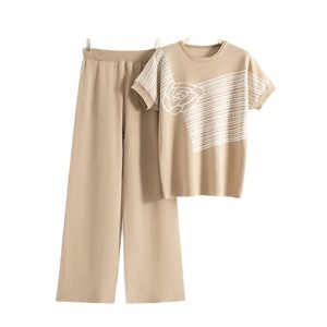 Ensemble de chandails en tricot pour femmes, été, manches courtes, pantalon ample, deux pièces, vêtements décontractés tendance - Product Image 5