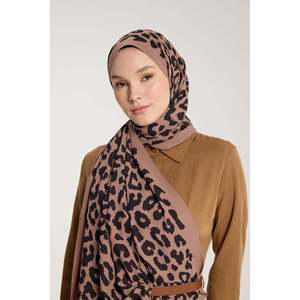Coffee Brown Leopard Print <b>Scarf</b> with Pure Tone Modest Dress Accessory in <b>Black</b> - Product Image 2