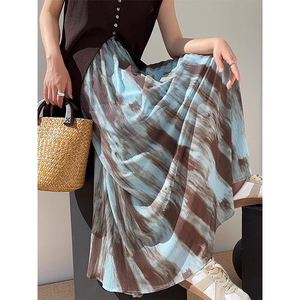 High Waist Tie Dye <b>Chiffon</b> <b>Long</b> <b>Skirt</b> Women Summer Beach Style A Line Full <b>Skirt</b> Blue Breathable - Product Image 1