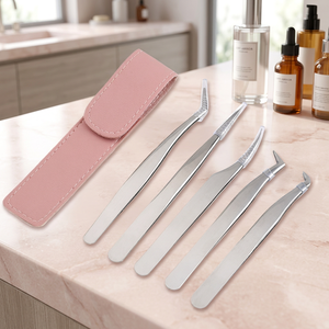 Ensemble de pinces à cils en acier inoxydable, pointe pointue de précision, 5 pièces avec étui rose - Product Image 5