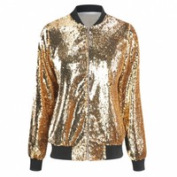 Printemps automne femmes dégradé Sequin manteau fermeture éclair Streetwear tunique Bomber veste ample décontracté dame scintillant Club paillettes veste