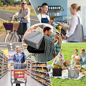 Eco Shopping Grocery Kitchen Food Recycled Large <b>Long</b> Handle Folding Tote Black Grey Non Woven Cinch <b>Bag</b> - Product Image 6