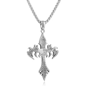 Collier pendentif croix en acier inoxydable, design flamme argentée, bijoux de mode pour homme, chaîne 3.0*60cm, style géométrique - Product Image 2