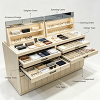 Vitrine de présentation de lunettes en bois sur mesure pour opticien, avec tiroir coulissant, support de présentation de lunettes de soleil, éclairage LED, îlot central pour lunettes