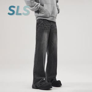 Pantalones Vaqueros de Mezclilla para <span class=keywords><strong>Hombre</strong></span>, Estilo Retro, Lavado a la Piedra, Estampado de Rayos, Micro Acampanados, Casuales, Holgados, de Pierna Recta, Negros - Product Image 2