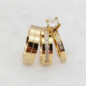 Ensemble de bagues de fiançailles en acier inoxydable plaqué or 18 carats avec zircon cubique, <span class=keywords><strong>alliance</strong></span> pour couples, 3 pièces - Product Image 3