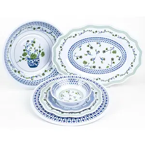 Floral Spring Garden Plastic Plates Large Scalloped Serving Platter Bowl Melamine Tableware Set with Wavy Edge