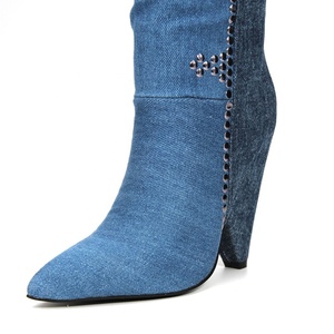 Metal Rivets High-Heeled Pointed Toe Women Blue Shoes Over Knee <b>Boots</b> Denim Patchwork Spike Heels Long Booties - Product Image 5