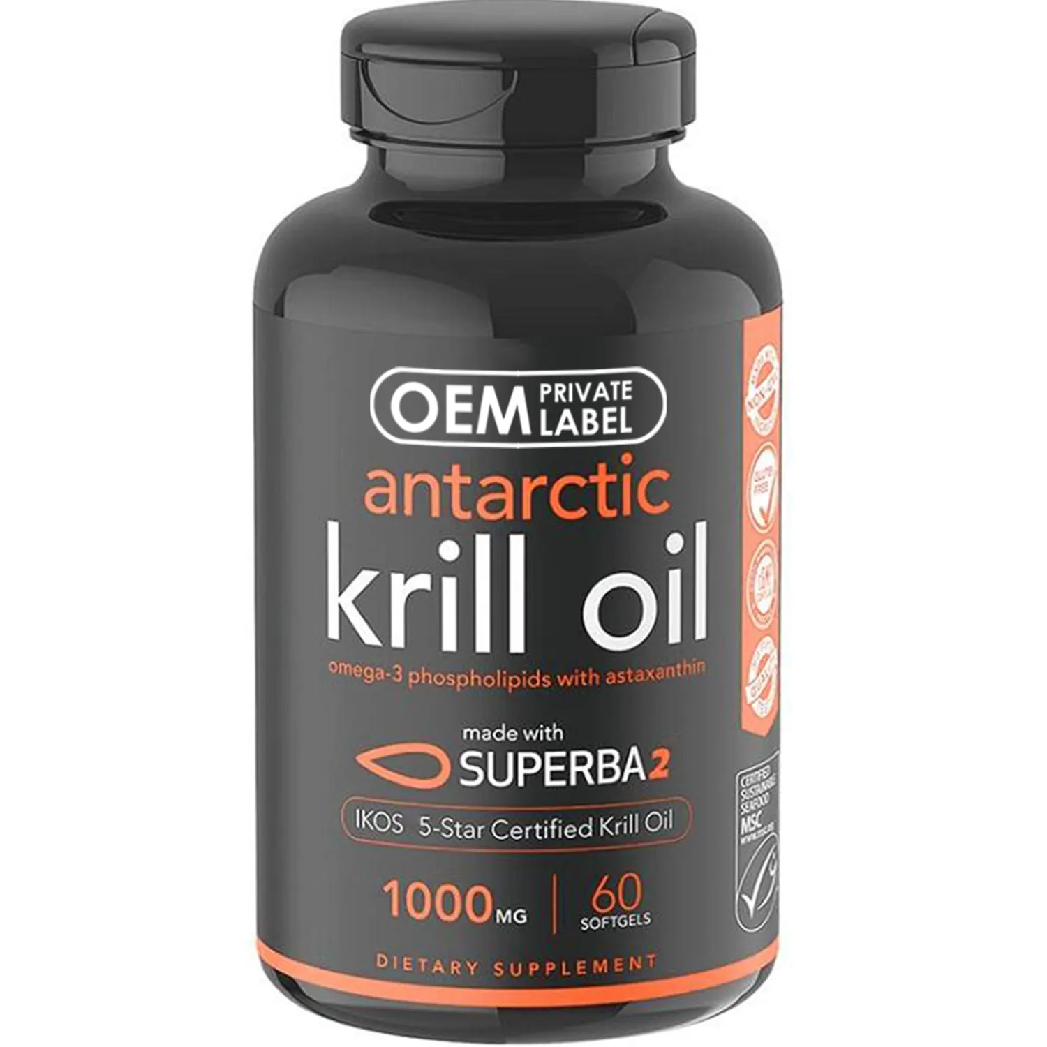 Cápsula Softgel de aceite de krill de etiqueta privada, cápsulas de astaxantina de solfgel de vitamina C omega 3 para el cerebro, la salud de las articulaciones