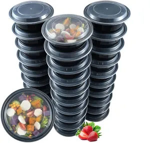 48oz दौर डिस्पोजेबल दौर प्लास्टिक खाद्य भंडारण सलाद कटोरा भोजन प्रस्तुत करने का कंटेनरों काले गुंबद ढक्कन के साथ
