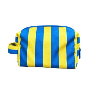 <b>Letter</b> Pattern Water Resistant Canvas Cosmetic Bag Makeup Blue Yellow Medium Zipper Closure Portable Soft Handle Elegant Style - Product Image 1