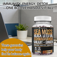 Gummies Complexe de Mousse de Mer : Compléments pour la Digestion, l'Énergie et le Soutien Immunitaire avec Shilajit, Huile de Nigelle, Gingembre, Curcuma et Ashwagandha