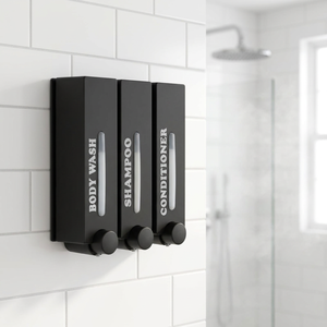 Distributeur de savon triple mural, pour gel douche, shampoing, après-shampoing, organisateur de salle de bain, style minimaliste en plastique noir - Product Image 5