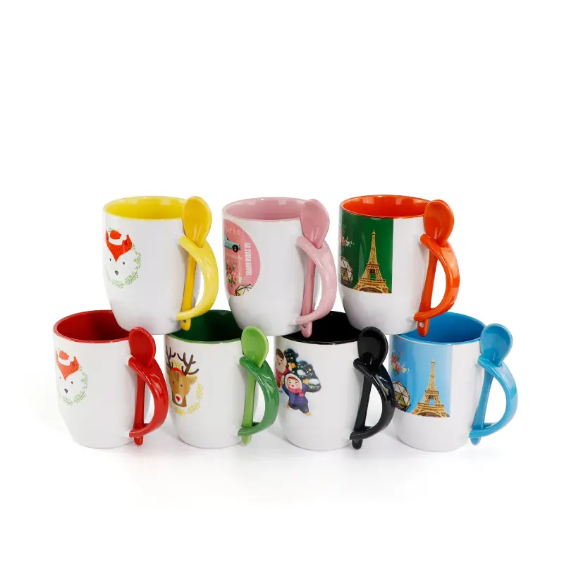 Produsen mug 11 Oz porselen putih polos Logo kustom cangkir keramik personalisasi kosong dengan sendok mug kopi teh