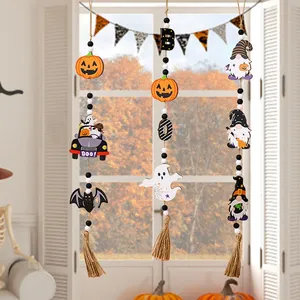Halloween Pumpkin Gnome Wooden Hanging Ornament Decoration Wooden Slices with Ropes for Halloween Party Wall Window Decor Y853