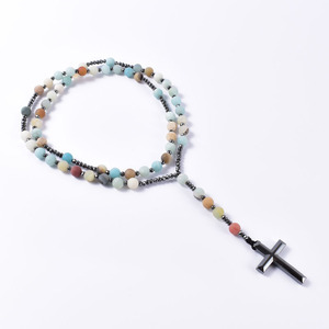 8mm in pietra naturale Amazonite cristiana cristo <span class=keywords><strong>rosario</strong></span> collane con croce di ematite collana pendente per uomini e donne gioielli - Product Image 3