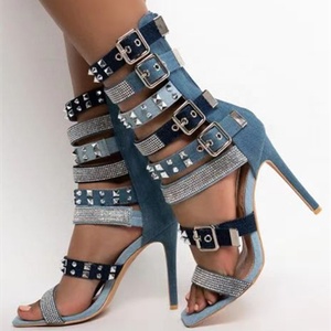 Rhinestone Studs Blue High Heels Shoes Summer Square Toe Fashion Buckle Denim Customized <b>Sandals</b> for Women Back Zipper Size 43 - Product Image 1