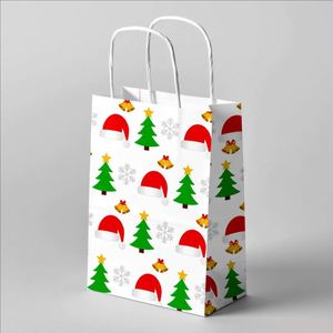 Bolsa de Papel Kraft Portátil con Asa Larga, Bolsa de Regalo Navideña, Bolsa Blanca Popular con Impresión de Elementos Navideños - Product Image 1