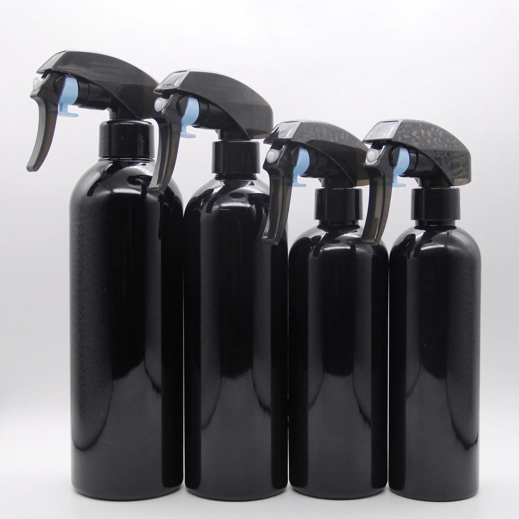 8oz 250ml Cylindrical Plastic PET Black Glossy Spray Bottle With Black Kao Trigger Sprayer