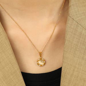 Collar con colgante de ojo de gato estilo europeo, chapado en oro de 18k, cadena de clavícula geométrica redonda de acero inoxidable para mujer, regalo. - Product Image 4