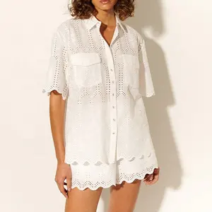 Wholesale High Quality Simplicity Blouses For Women Summer Elegant Short Sleeve Casual White Linen Shirts