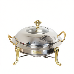 Plat de service rond en acier inoxydable avec accents dorés, chauffage électrique, couvercle en verre, pour la restauration, température manuelle C - Product Image 1