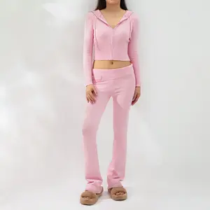 New Knitted Hoodie Set Women's Fashion Sexy High Waist Long Sleeve Pants Two Piece Set