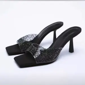2024 Новая женская обувь для банкетов модные повседневные сандалии женские прозрачные с бриллиантами квадратной линией на высоком каблуке