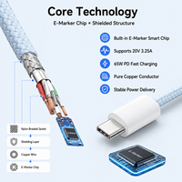 Câble de charge USB Type-C vers Type-C tressé en nylon 65W PD haute vitesse avec puce E-Marker blindée, charge rapide, fabricant OEM ODM