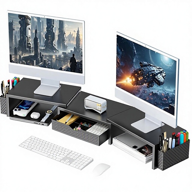 Expandable Dual Monitor Stand Riser Desk Organizer Rack Drawer 2 Pen Holders Computer Monitor Stand Shelf Metal