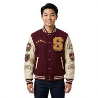 Veste de baseball pour homme, style preppy, couleur bordeaux et crème, avec lettres brodées S et patchs, pour l'automne.