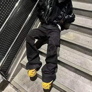 Cross-Border Wholesale American High Street Dark Style Waxed Coated Slim Fit Flared Floor-Length Jeans for <b>Men</b> and Women - Product Image 1