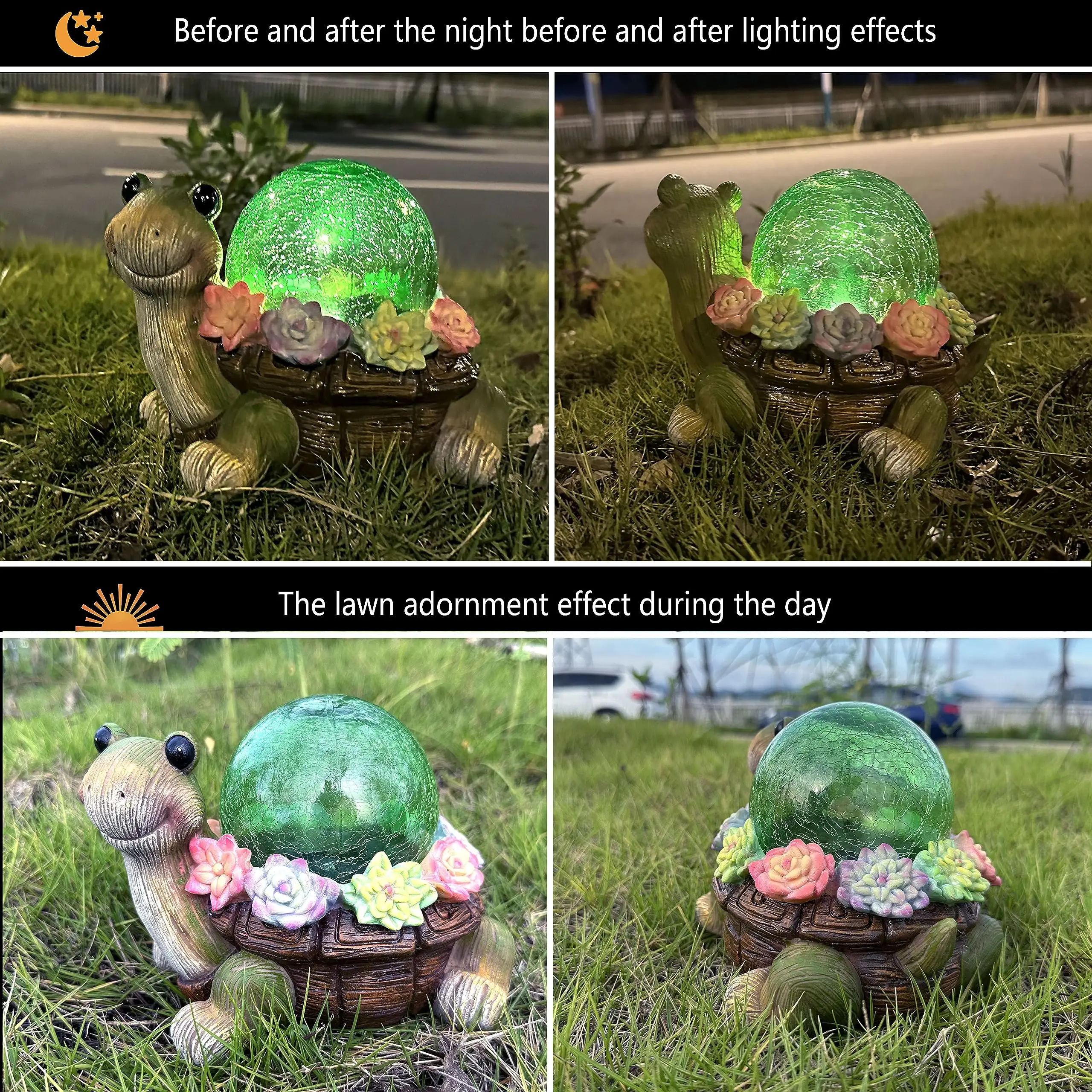 Adornos de jardín solares marroquíes de alta densidad personalizados para exteriores, estatuas de tortuga, iluminación LED de cristal agrietado, tortuga suculenta de resina