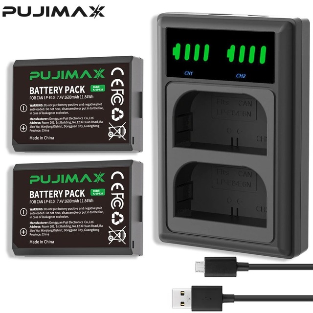PUJIMAX 2Pcs 1600mAh LP-E10 Camera Battery with LCD USB Dual Charger for Canon EOS 1100D 1200D 1300D Kiss X50 X70 X80 Rebel T6