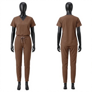 Conjunto de Uniforme Médico Premium para Mujer, 200 GSM, Polialgodón Elástico, Color Marrón, Cuello en V, Pantalones con Cordón, Uso Hospitalario, Logotipo Personalizado - Product Image 1