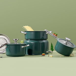 4pcs Stainless Steel Ceramic Coated <strong>Pot</strong> Set, Including 1 Milk <strong>Pot</strong>, 2 Stockpots, 1 Non-stick Pan, 4 LIDS and 1 Steamer Green - Product Image 1