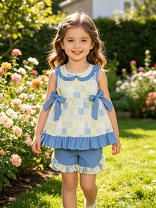 GSSO3439 rts Little Active Girl ชุดเด็กผู้หญิงลายทางสีฟ้าพิมพ์ลายสก๊อตสีเขียวขายส่งชุดเด็กผู้หญิงแขนกุด - Product Image 1