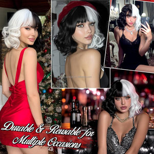 Kısa Dalgalı Siyah ve Beyaz Şeffaf Dantel Ayarlanabilir Kapaklı <span class=keywords><strong>Cosplay</strong></span> Peruk Kaküllü Kadınlar İçin Yüksek Sıcaklık Fiber Doğal Parti İçin - Product Image 5