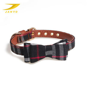 Collier pour chat personnalisé en usine, motif tartan, avec nœud papillon, sangle en cuir de vachette souple, boucle à rivets dorés, anneau en D, collier de mode pour animaux de compagnie - Product Image 3