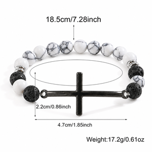Braccialetto Go2boho con <span class=keywords><strong>Croce</strong></span> <span class=keywords><strong>Nera</strong></span>, Perline Rotonde Bianche Effetto Marmo, Gioiello Regalo Religioso Placcato Nero - Product Image 5