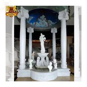 Outdoor Decoration Natural Stone Carving Water Fountain Marble Column White Marble Swan Statuary Fountain Set with Pool Surround