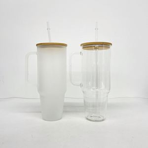 Gobelet isotherme personnalisé de 40 oz, transparent givré, vierge, sublimable, en verre, avec couvercle en bambou - Product Image 2