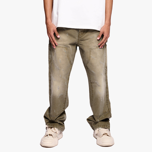 <span class=keywords><strong>Jeans</strong></span> cargo délavés pour hommes, pantalon baggy en denim délavé <span class=keywords><strong>vert</strong></span> olive avec plusieurs poches, style streetwear - Product Image 1