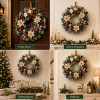 Guirlande de Noël en PVC artificiel givré avec feuilles de houx, poinsettias beiges et pommes de pin pour nœuds dorés, décoration murale ou de porte d'entrée