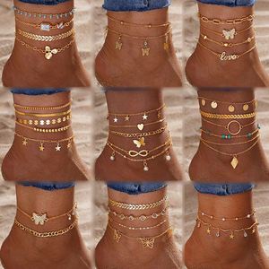 Tobilleras de Cadena Multicapa Doradas con Corazón de Mariposa Estilo Bohemia para Mujer, Joyería de Tobillera con Colgante de Cruz Lunar para Playa y Pies Descalzos - Product Image 1