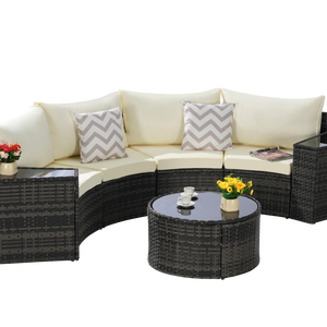 Ensemble de mobilier de patio modulable rond 7 pièces, <span class=keywords><strong>table</strong></span> basse demi-lune en rotin tressé et verre, canapé d'extérieur résistant aux intempéries pour jardin - Product Image 3
