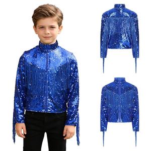 8-14 Kids Boys Glittery <b>Sequin</b> <b>Jacket</b> Fringe Coat Outerwear For Jazz Dance Cowboy Party Stage Performances Festive Dance Costume - Product Image 2